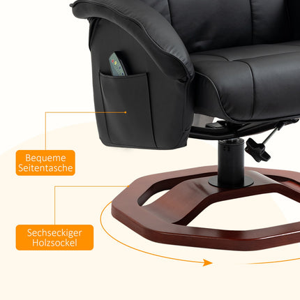 Reclining massage chair in synthetic leather with footstool, 360° rotatable