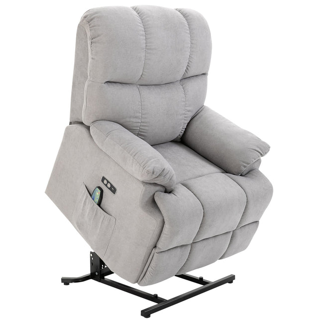 Fotel do masażu z pomocą do wstawania, fotel relaksacyjny, fotel telewizyjny z funkcją podgrzewania, regulowany kąt, pilot USB, krótki plusz, szary, 83x95x105 cm