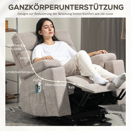 Massage chair with stand-up function, 8 vibration massage points, electric upholstered chair with 2 remote controls, light brown