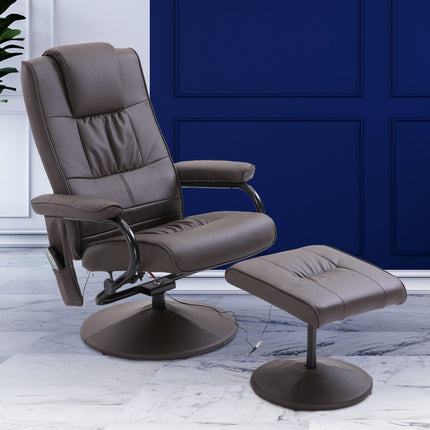 Reclining massage chair in brown artificial leather with ottoman
