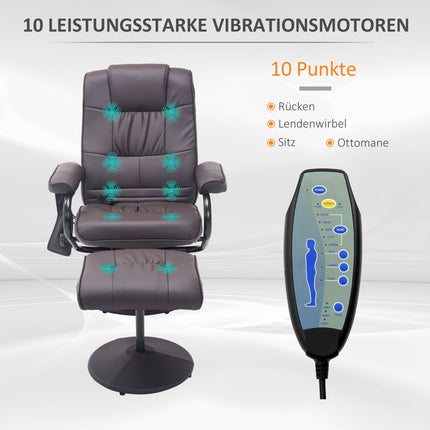 Reclining massage chair in brown artificial leather with ottoman