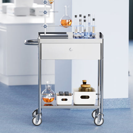 Medical Cart, 2-Tier Stainless Steel, Drawer, 220 lb