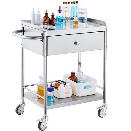 Medical Cart, 2-Tier Stainless Steel, Drawer, 220 lb