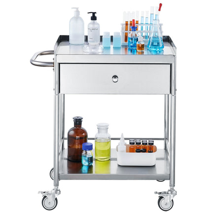 Medical Cart, 2-Tier Stainless Steel, Drawer, 220 lb