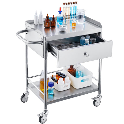 Medical Cart, 2-Tier Stainless Steel, Drawer, 220 lb