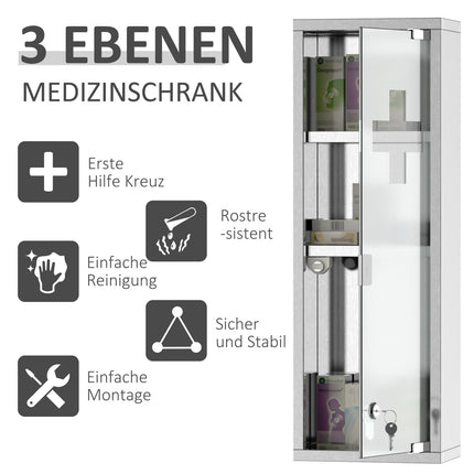 Medicine cabinet in stainless steel with frosted glass, 20x12x58 cm