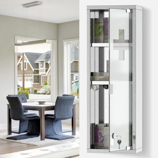 Medicine cabinet in stainless steel with frosted glass, 20x12x58 cm