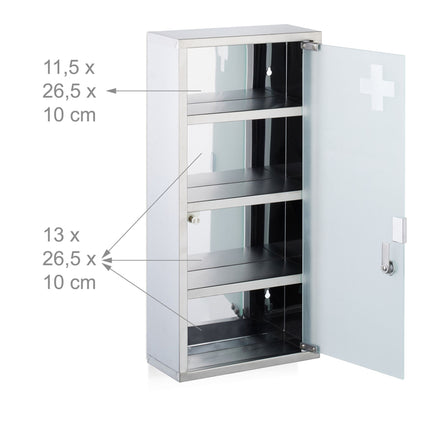 Medicine Cabinet, Lockable Glass Door, 4 Compartments