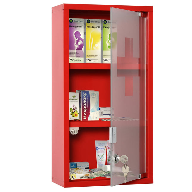 Red First aid cabinet in metal with lock, 3 compartments