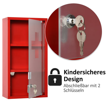 Red First aid cabinet in metal with lock, 3 compartments