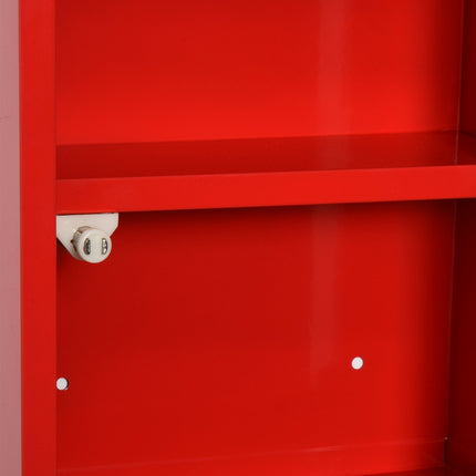 Red First aid cabinet in metal with lock, 3 compartments