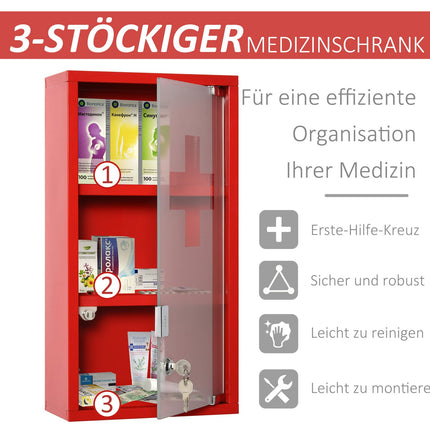 Red First aid cabinet in metal with lock, 3 compartments