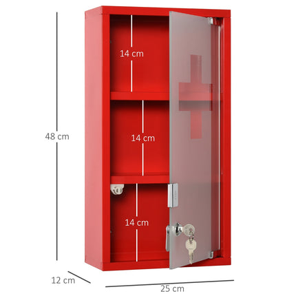 Red First aid cabinet in metal with lock, 3 compartments