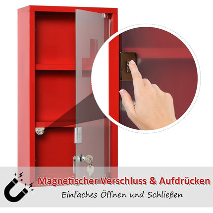 Red First aid cabinet in metal with lock, 3 compartments
