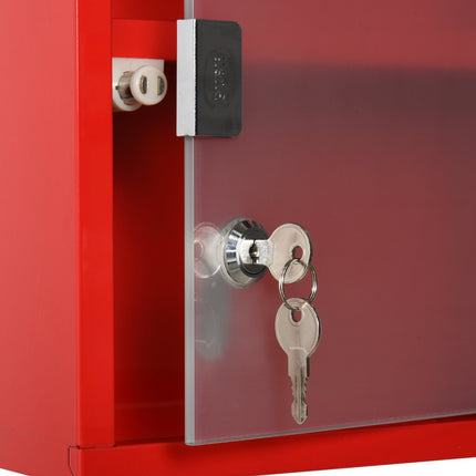 Red First aid cabinet in metal with lock, 3 compartments