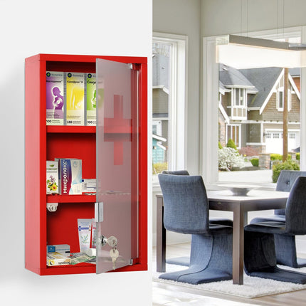 Red First aid cabinet in metal with lock, 3 compartments