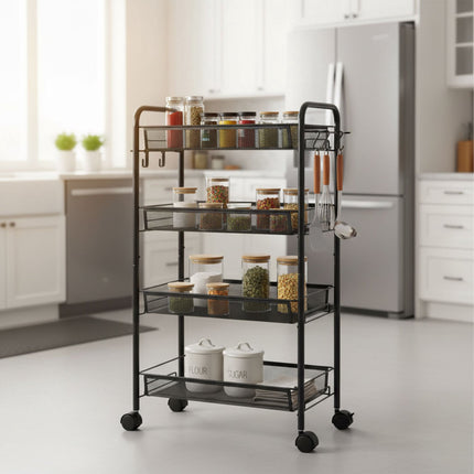 Mesh Trolley with Multi-Level Metal Shelves and Hooks