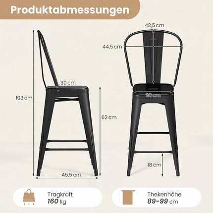 Metal Bar Stools Set of 4, Black, Stackable with Backrests