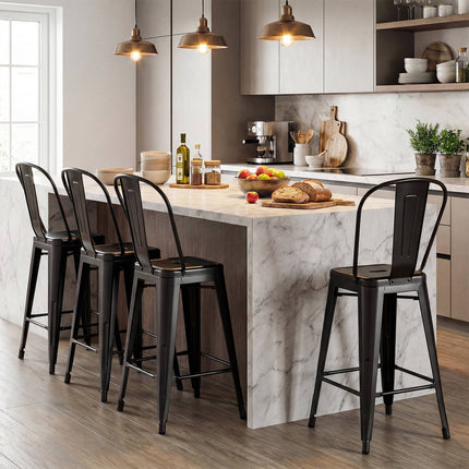 Metal Bar Stools Set of 4, Black, Stackable with Backrests