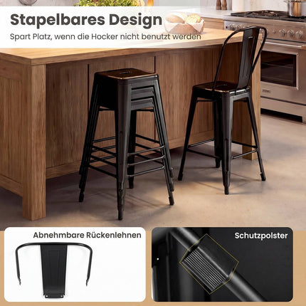 Metal Bar Stools Set of 4, Black, Stackable with Backrests