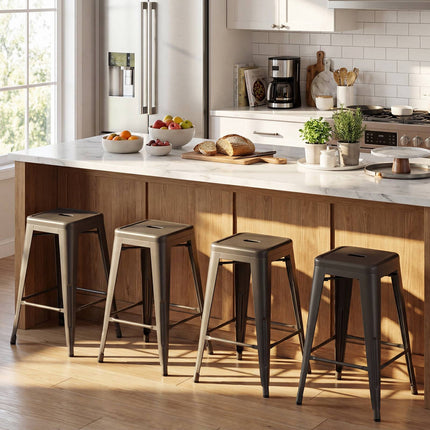 Metal Bar Stools Set of 4, Stackable, Dark Grey