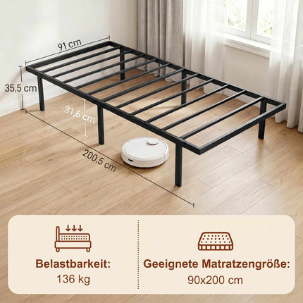 Metal Bed Frame 90x200 cm, Underbed Storage, Black