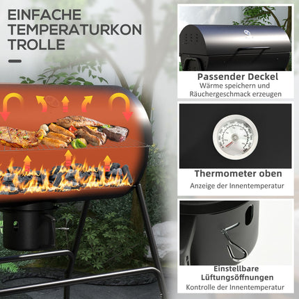 Adjustable charcoal grill with thermometer and wheels