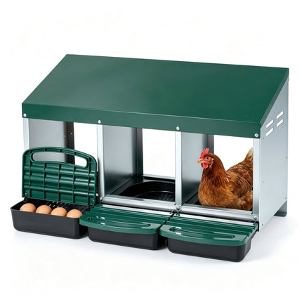 Metal Chicken Nesting Box with 3 Compartments and Egg Trays, Green, Roll Away