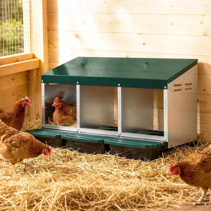 Metal Chicken Nesting Box with 3 Compartments and Egg Trays, Green, Roll Away