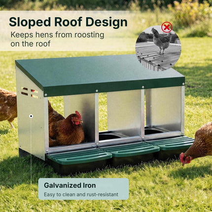 Metal Chicken Nesting Box with 3 Compartments and Egg Trays, Green, Roll Away