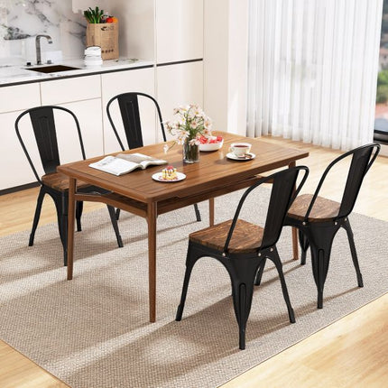 Metal Dining Chairs Set of 4, Stackable, Elm Wood Seat, Black