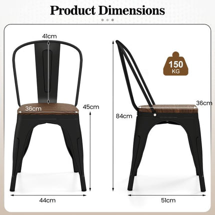 Metal Dining Chairs Set of 4, Stackable, Elm Wood Seat, Black