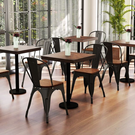 Metal Dining Chairs Set of 4, Stackable, Elm Wood Seat, Black