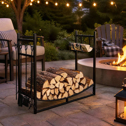 Metal Firewood Rack with Tool Set, Black, 85 x 33 x 77 cm