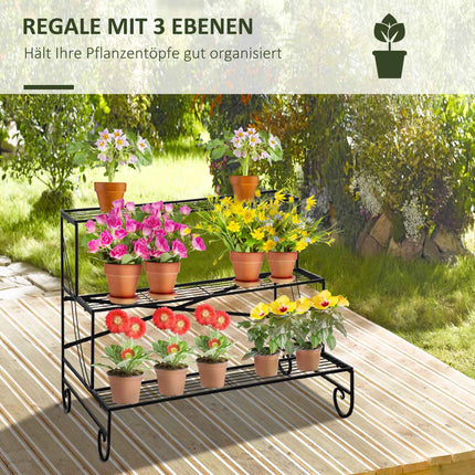 Black metal 3-tier plant stand for garden and balcony