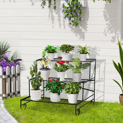 Black metal 3-tier plant stand for garden and balcony