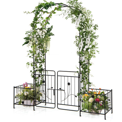 Metal Garden Arbor Trellis, 87-Inch, Lockable Gate, Planters