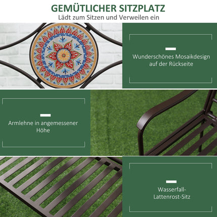 Metal garden bench, 2-seater with mosaic backrest, brown