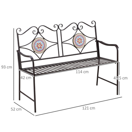 Metal garden bench, 2-seater with mosaic backrest, brown
