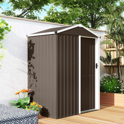 Metal Garden Shed, Galvanized Steel, Sliding Door, Brown