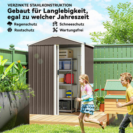 Metal Garden Shed, Galvanized Steel, Sliding Door, Brown