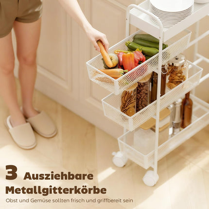 Metal Kitchen Cart, 3 Baskets, Slim Design, 4 Wheels, White
