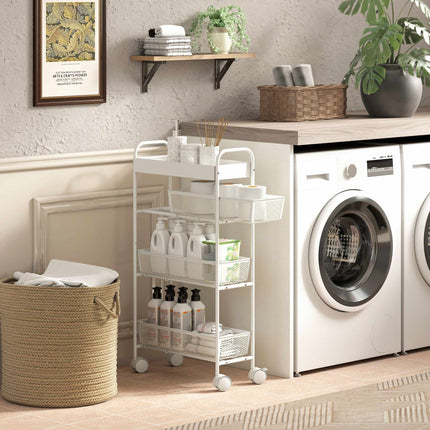 Metal Kitchen Cart, 3 Baskets, Slim Design, 4 Wheels, White