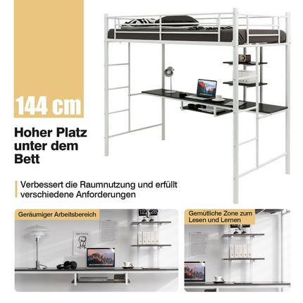 Metal Loft Bed Frame with Desk, Ladders, and Guardrails