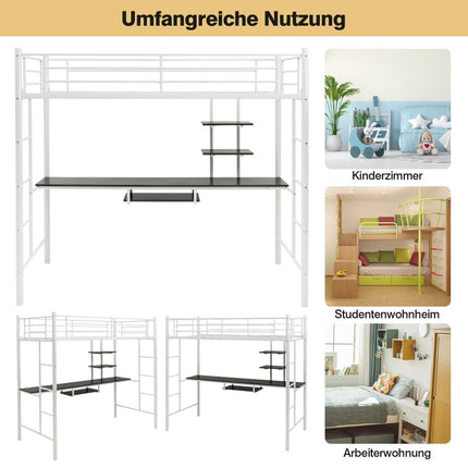 Metal Loft Bed Frame with Desk, Ladders, and Guardrails