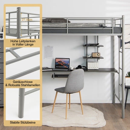 Metal Loft Bed with Desk, Ladders, and Guardrails - Silver