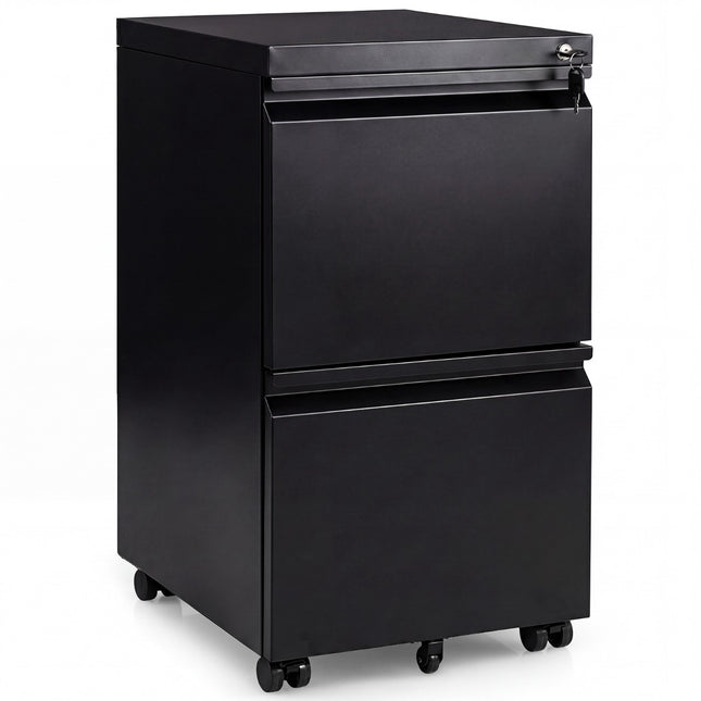 Metal Mobile File Cabinet with Lock, 2 Drawers, Black