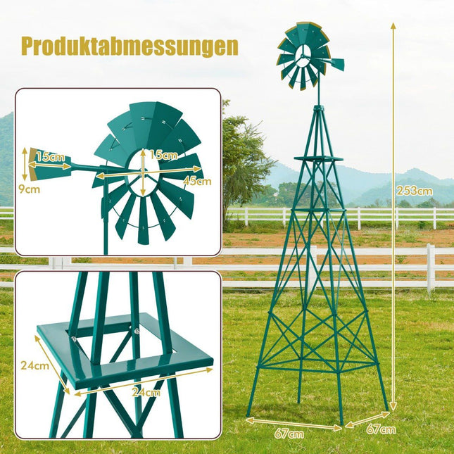 Metal Pinwheel with 4 Support Legs Weatherproof Windmill for Garden Yard 67 x 67 x 253 cm Green