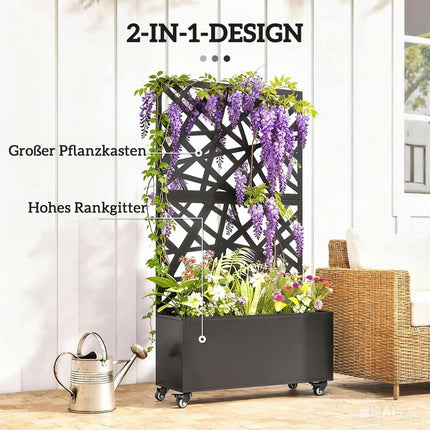 Metal Planter Box with Trellis, Wheels, 90x30x160 cm