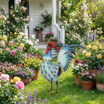 Metal Rooster Garden Statue, 41 cm, Multicolor, Anchors